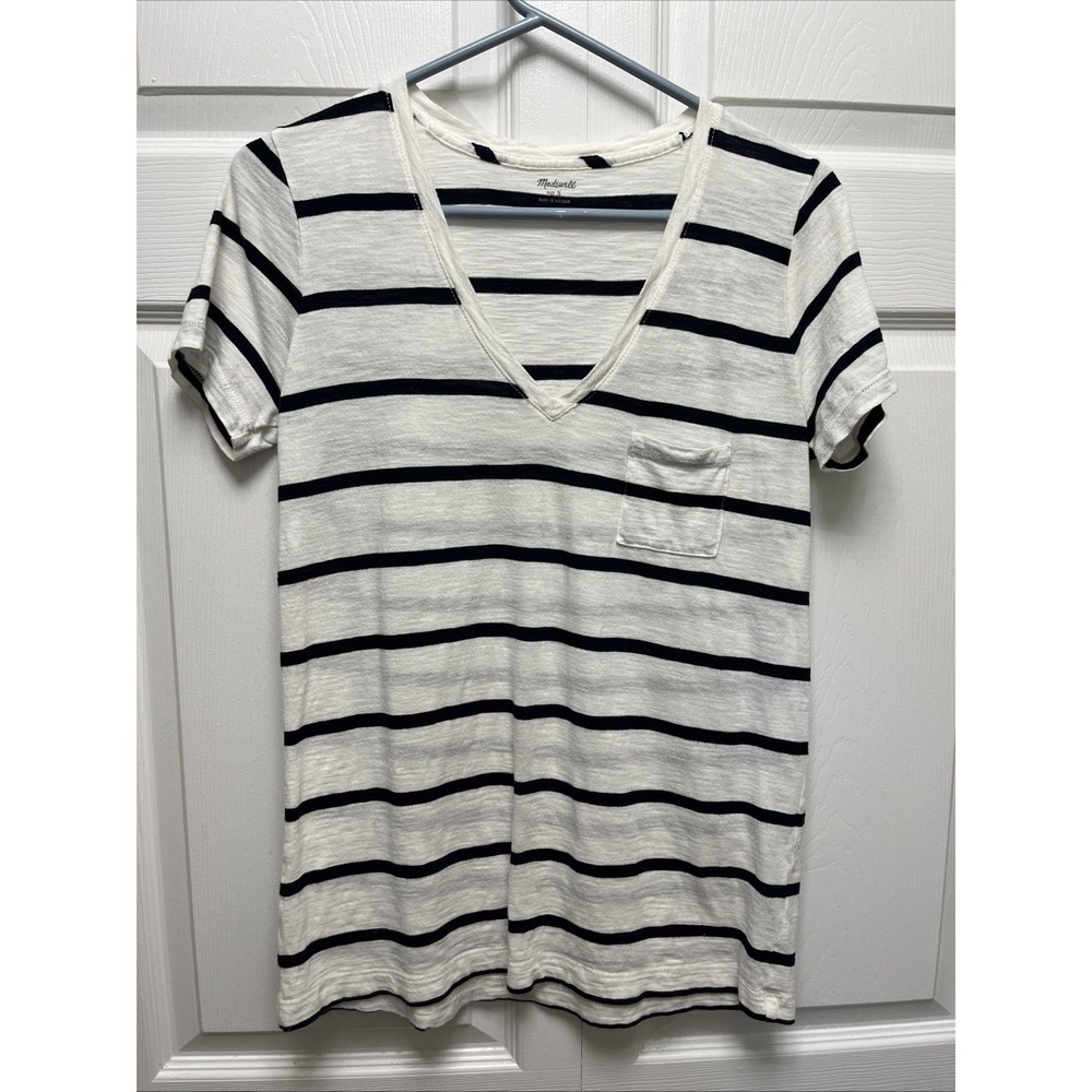Madewell Shirt Sz S Womens Stripe Short Sleeve V Neck Basic Tee 100% Cotton